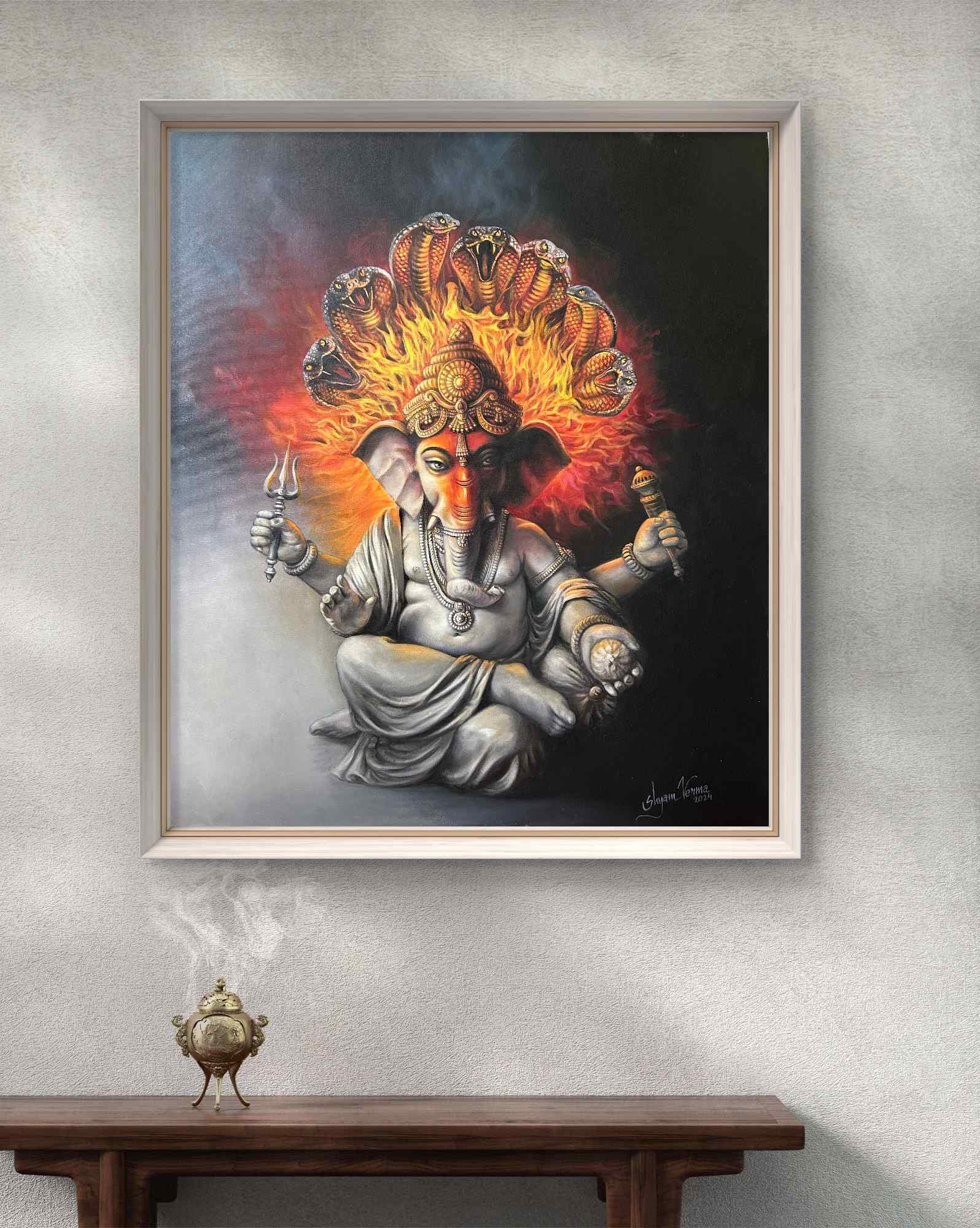 Sheshnaag Protect Ganesha, Oil Painting, Nature, Religious, Home decor, Wall decor, Artwork, Handpainted, Art, Painting, VistaPallette