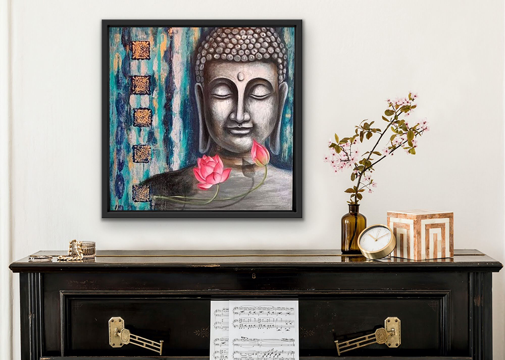 Buddha – The Lotus Bearer, Buddha, Mixed media, Religious, Home decor, Wall decor, Artwork, Handpainted, Art, Painting, VistaPallette
