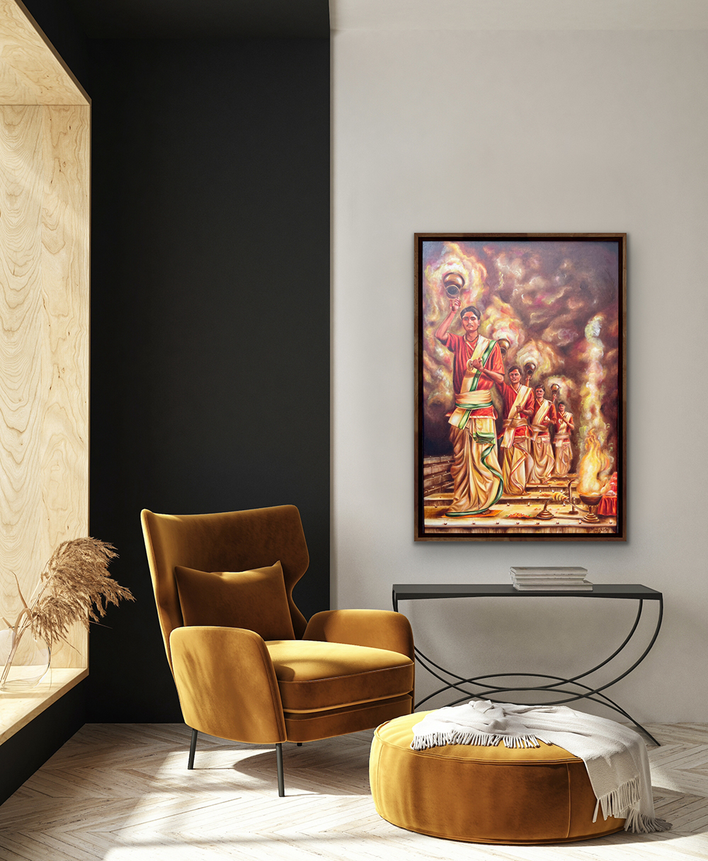 Varanasi Ganga Aarti, Oil painting, Religious, Home decor, Wall decor, Artwork, Handpainted, Art, Painting, VistaPallett