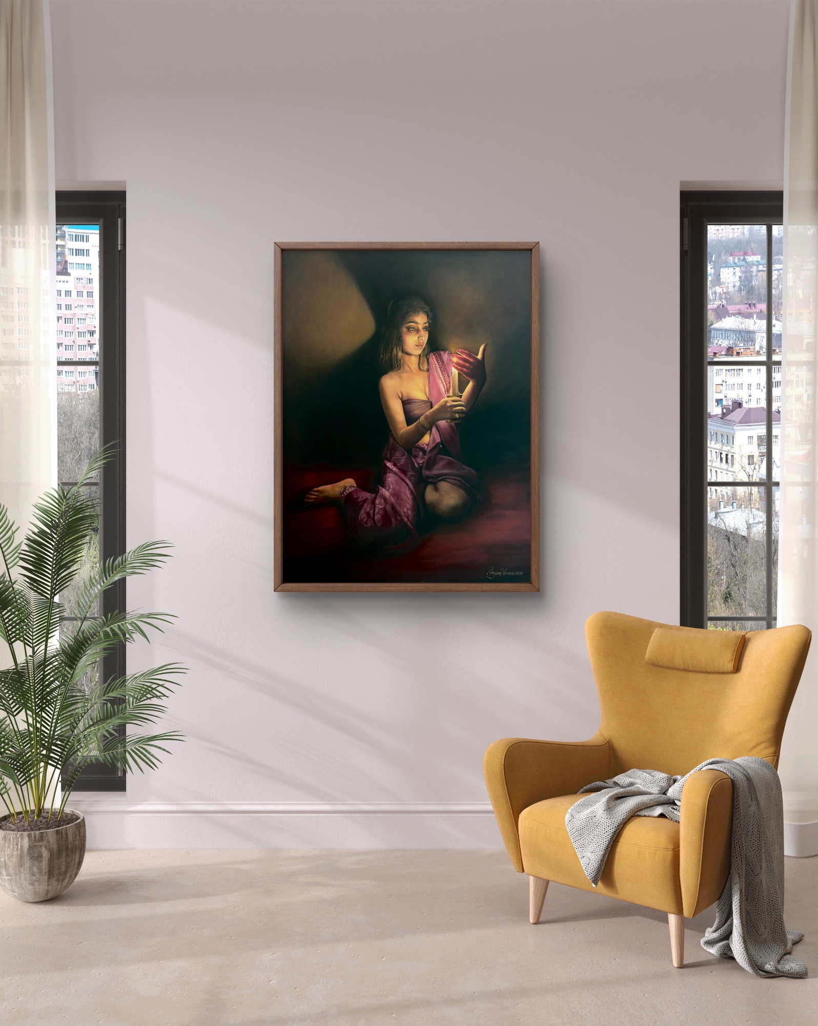 Beauty with Lamp, Oil painting, Realistic, Home decor, Wall decor, Artwork, Handpainted, Art, Painting, VistaPallette