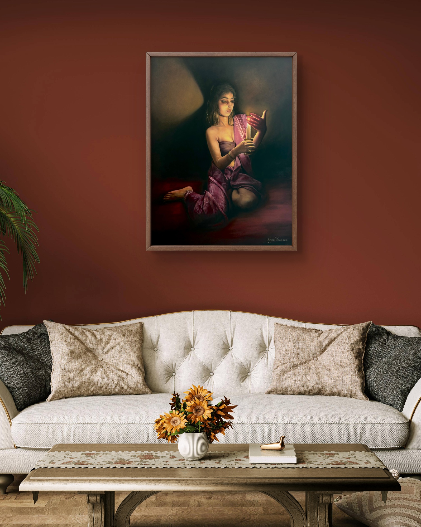 Beauty with Lamp, Oil painting, Realistic, Home decor, Wall decor, Artwork, Handpainted, Art, Painting, VistaPallette