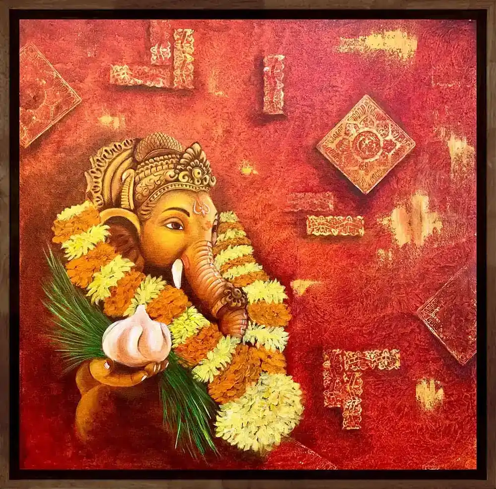 Modakpriya, Ganesha, Mixed media art, Religious, Home decor, Wall decor, Artwork, Handpainted, Art, Painting, VistaPallette